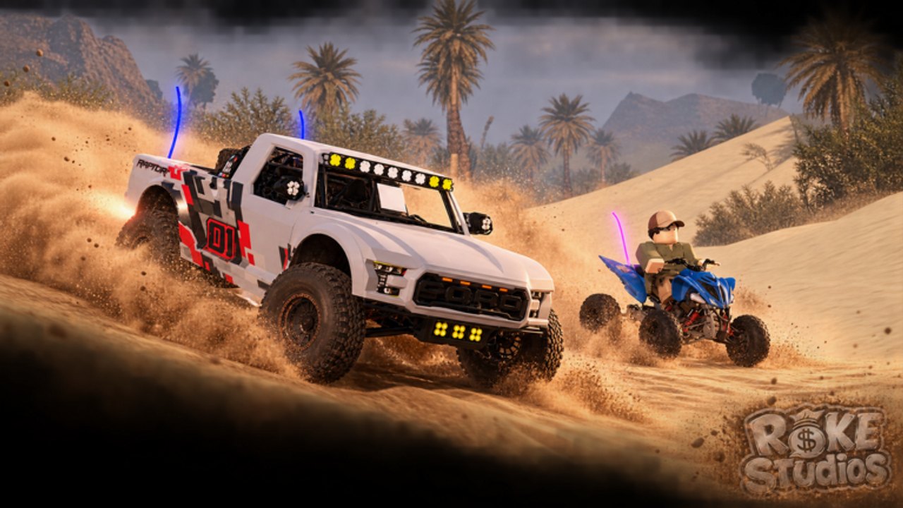 White trophy truck and blue ATV kicking sand on The Cosalazo 2 desert dunes