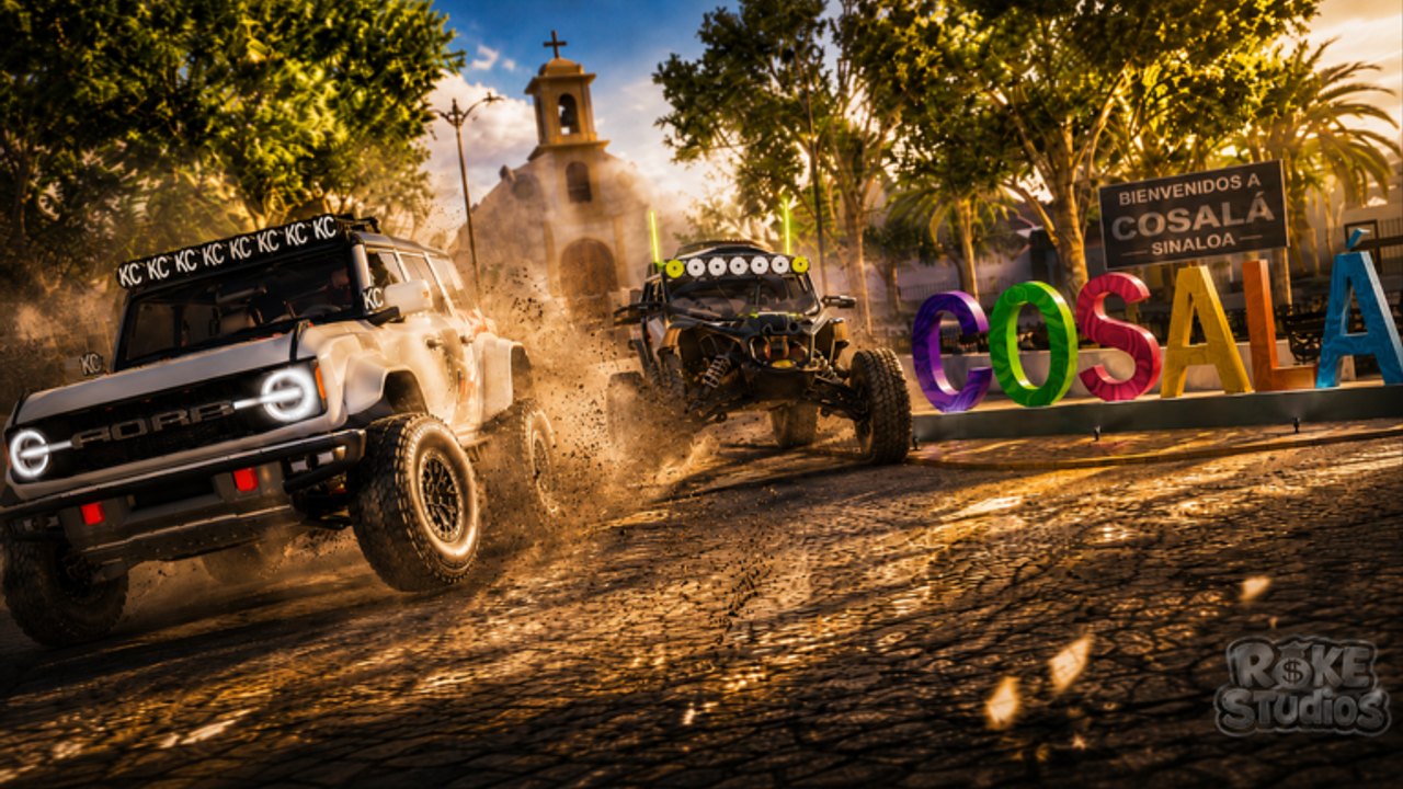 Bronco-style SUV and UTV racing past the Cosalá Sinaloa welcome letters in town